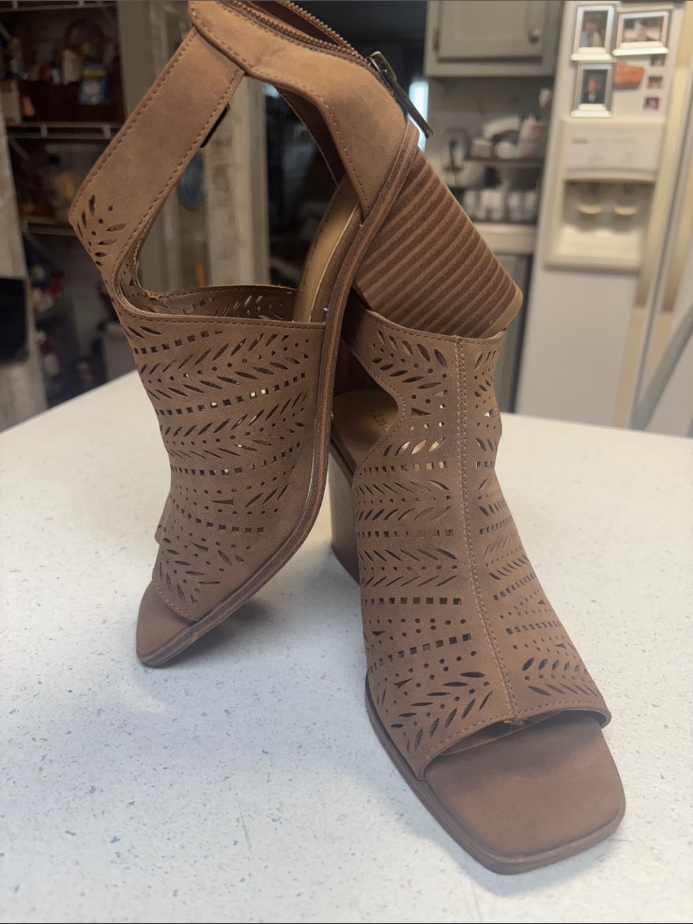 Boho Indigo Rd. Brown Perforated Open Toe Shooties - Back Zip Heel